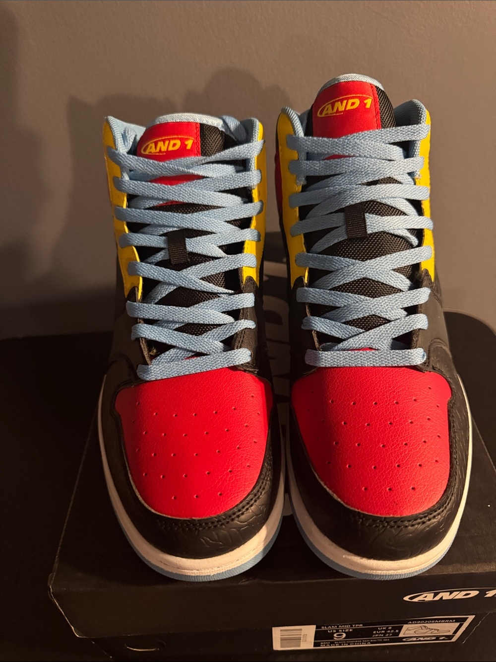 And1 Men’s  High-Top Sneakers in Red, Yellow, Black with Light Blue Laces